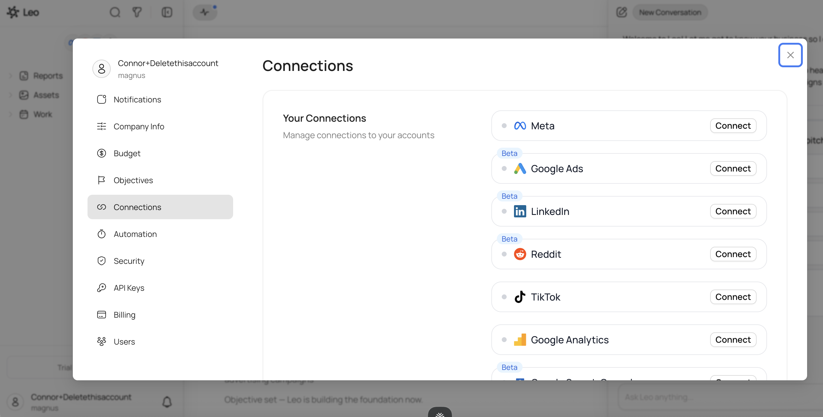 Leo connections settings